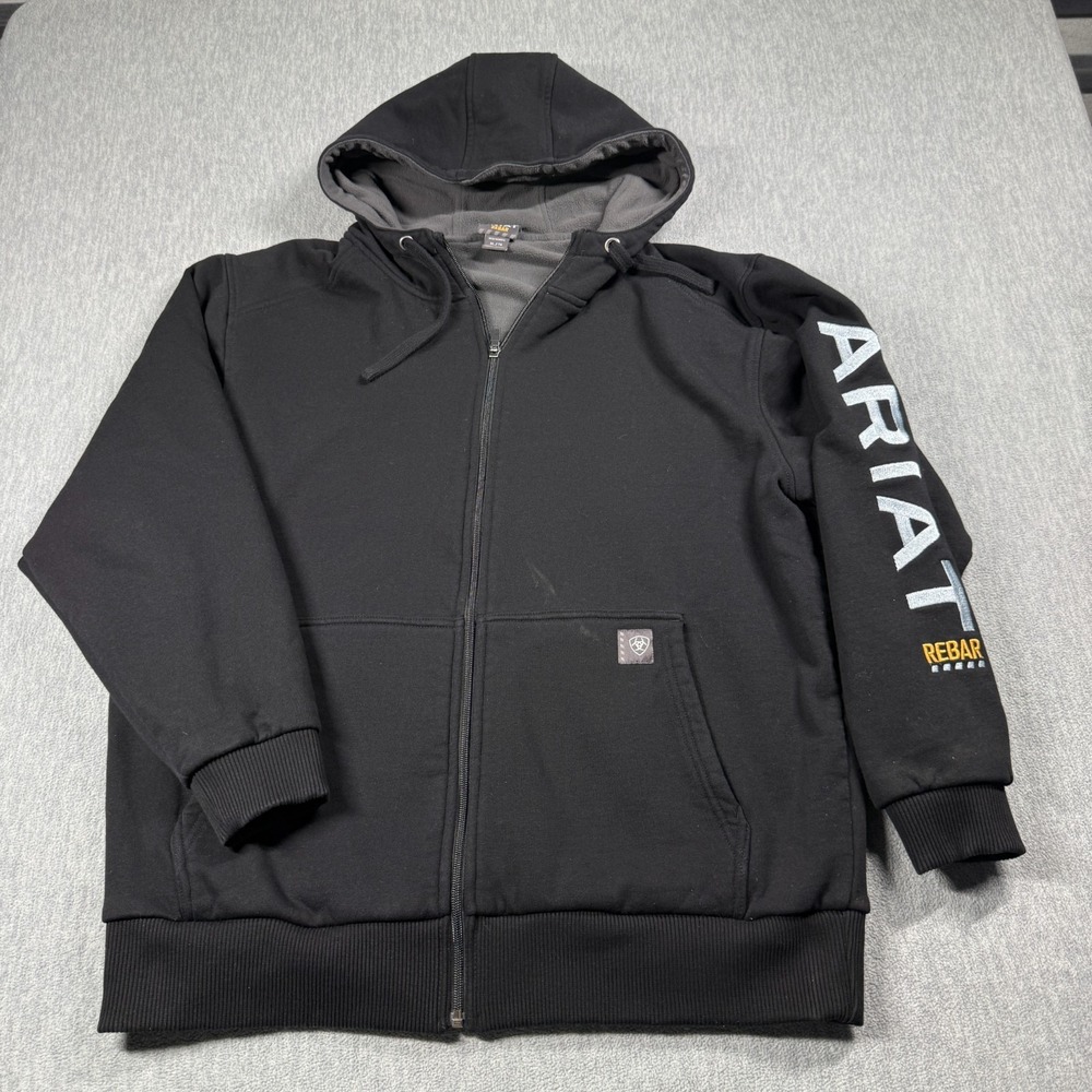 Ariat Rebar Hoodie Men XL Black Full Zip Sleeve Logo Fleece Lined Workwear Jacke